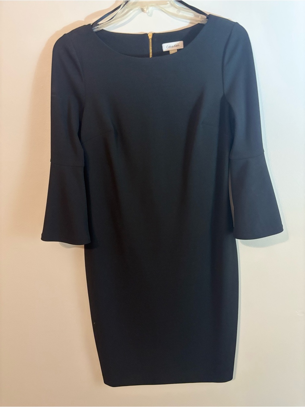 Calvin Klein Black Midi Sheath Dress with Bell Sleeves